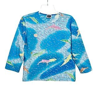Leggiadro Top Made In USA Multicolor Under The Sea Theme Crop Shirt NWOT